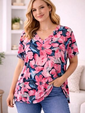 Blair Pink Floral Short-Sleeve V-Neck Tee with Blue Accents